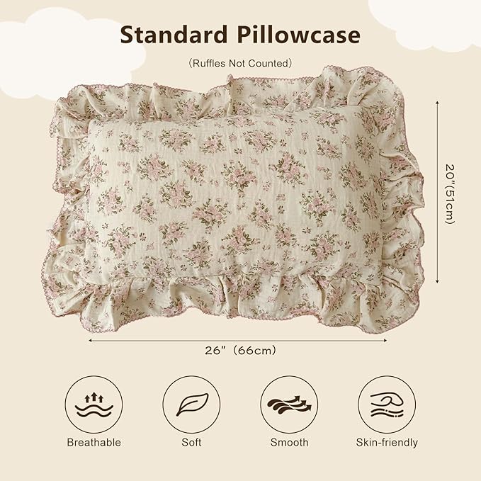 BuLuTu Muslin Toddler Kids Pillowcases Standards Size Pillow Cases for Toddlers Bed, Pink Floral Girls Boys Pillow Covers Fit for Children Pillow Sized 20"x26", Envelope Closure