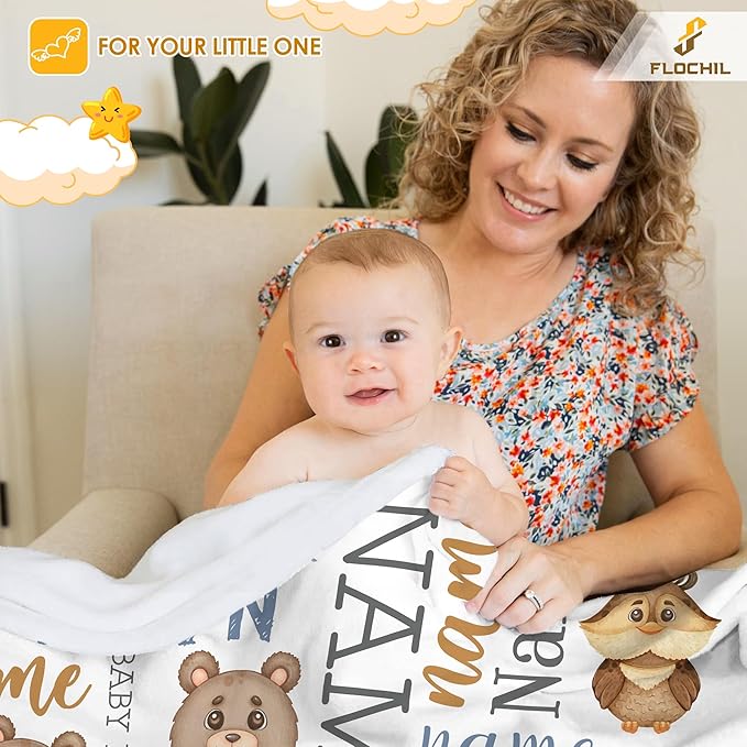 FLOCHIL Personalized Baby Blankets, Custom Baby Blanket - Baby Blanket with Name for Boys, Best Gift for Newborn Elephants Flush Fleece (30x40) (Monogram 2)