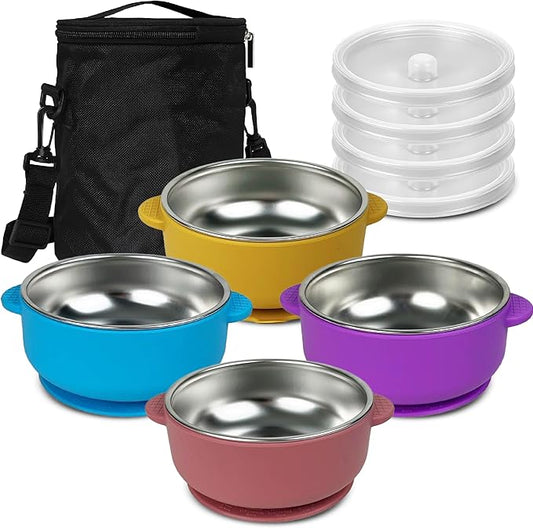 Stainless Steel Toddler Bowls with Suction & Lids – 4-Pack Spill-Proof Kids Bowl Set with Travel Bag – BPA-Free & Dishwasher Safe