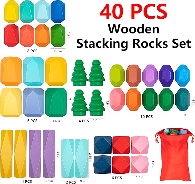 Wooden Stacking Rocks - 40 Pcs Montessori Sensory Learning Toys for Kids 3-9 | Balance Building Blocks Educational STEM Toys for Boys Girls