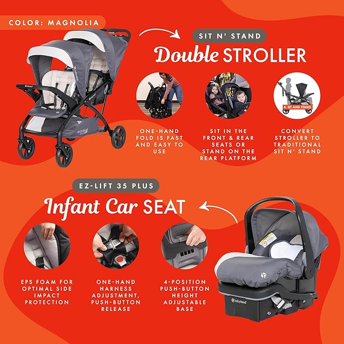 Baby Trend Sit N' Stand Double Stroller 2.0 DLX with 5 Point Safety Harness and EZ-Lift Plus Lightweight Infant Car Seat with Cozy Cover, Magnolia