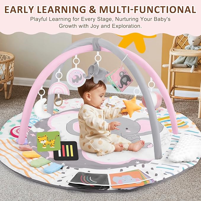 Baby Play Gym & Activity Mat, Tummy Time Mat with Tummy Time Pillow 7 Detachable Sensory Toys and Educational Cards for Motor Skills & Sensory Development, Baby Essentials Shower Gift, Pink Elephant