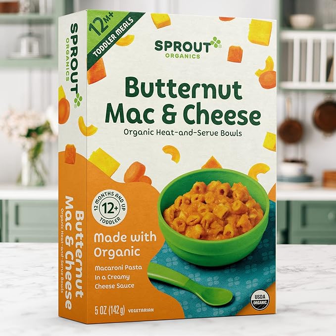 Sprout Organic Baby Food, Toddler Meals, Macaroni Pasta with Butternut Squash Cheese Sauce, 5 Oz Bowl (8 Count)