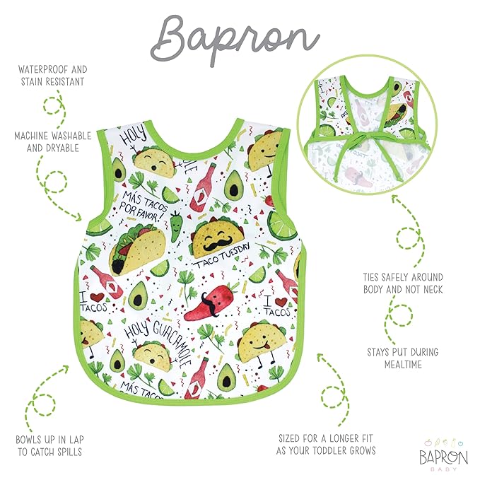 BapronBaby Taco Party Bapron - No Neck Tie Safer Bib for Baby & Toddler - Soft Waterproof Stain Resistant - Machine Washable - Sz Baby/Toddler 6m-3T