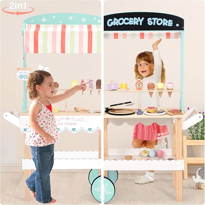 PairPear Large Wooden Ice Cream & Grocery Cart, 2 in 1 Pretend Play Ice Cream Truck Market Stand with 15 Play Food Pieces, Rolling Food Truck Toy for Kids Ages 3+
