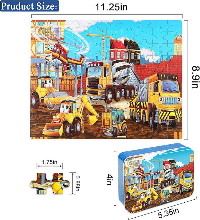 LELEMON Puzzles for Kids Ages 4-8 Construction Vehicles 100 Piece Puzzles for Kids Educational Jigsaw Puzzles Toys Gift for Boys Girls Age 4, 5, 6, 7, 8 Years Old