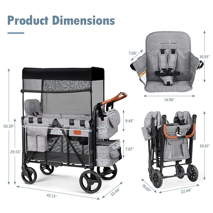 Wagon Stroller for 2 Kids, High Seat & 5 Point Harness, Foldable All-Terrain Wagon for Toddler with Canopy, Parent Organizer, Shoulder Bag, Adjustable Handlebar, Ultimate Double (Gray)