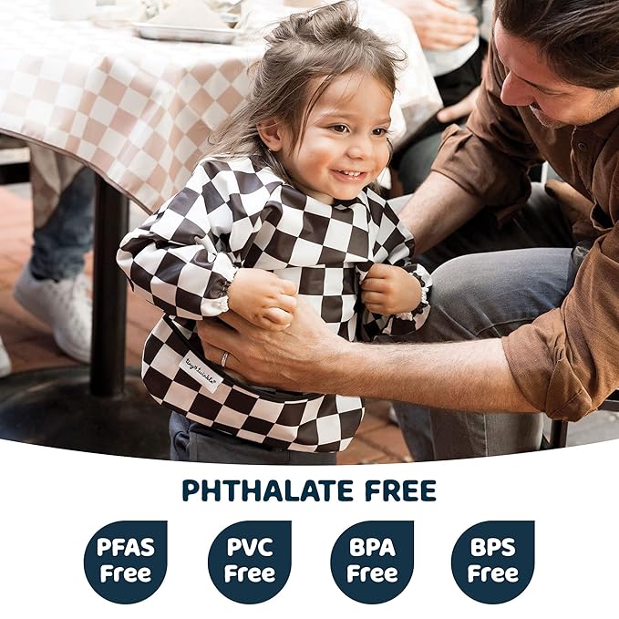 Tiny Twinkle Long Sleeve Bib for Babies & Toddlers – Waterproof Smock Bib for Eating – Machine Washable & Mess-Proof, Baby Feeding Essential & Shower Must-Have(Checkers Black, 6–24M)