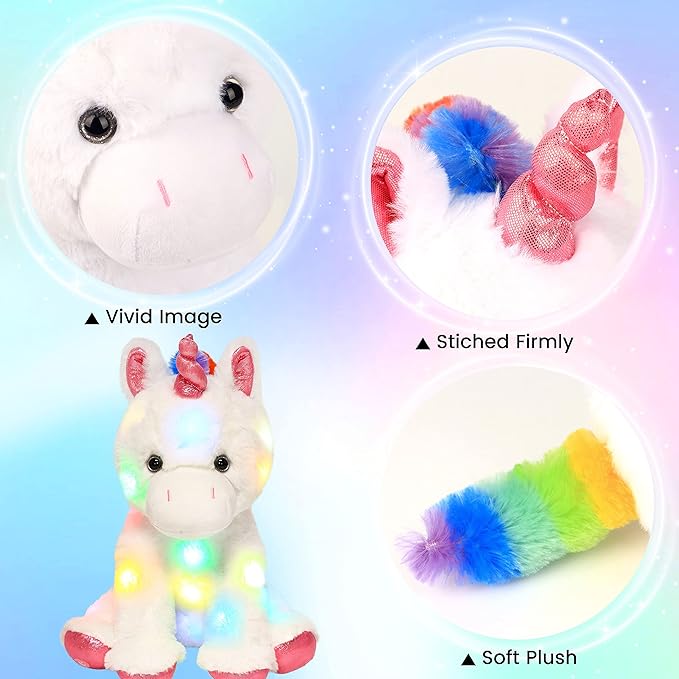 Hopearl LED Plush Unicorn Lighting Up Stuffed Animal Floppy Night Lights Glow in The Dark Birthday Festival for Kids Toddler Girls, White, 13''