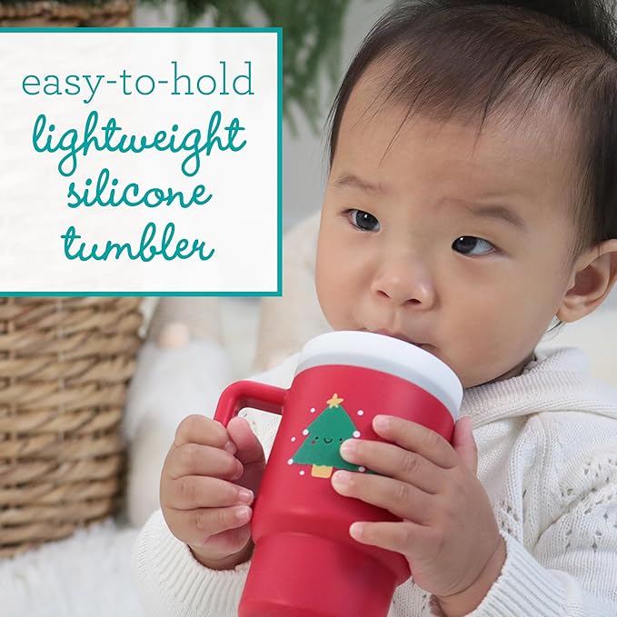 Infantino My 1st Tumbler, Silicone Sippy Cup with Straw & Handle, Spill-Resistant Baby Cup for On-the-Go, BPA-Free Transition Bottle, Christmas Tree