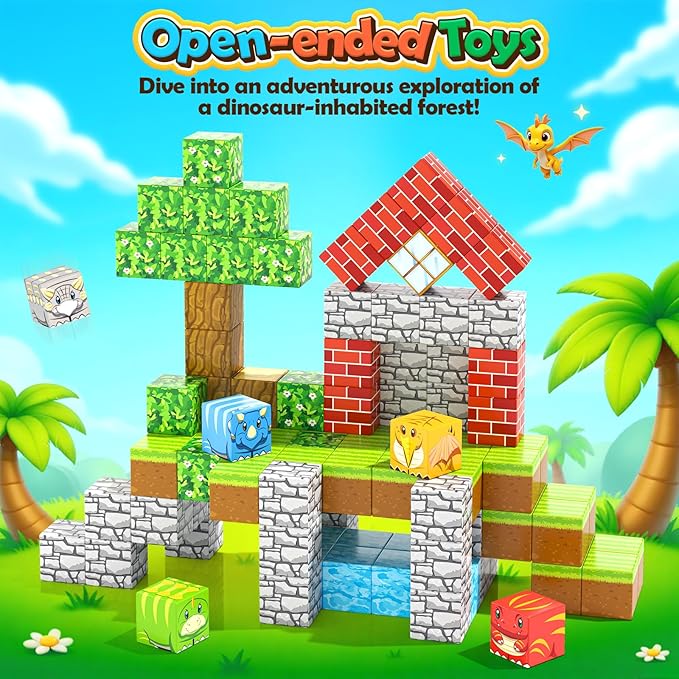 100PCS Magnetic Blocks - Build Mine Magnet World Forest Dinosaur Edition, Sensory STEM Construction Building Toys Kids Games for Toddler Christmas Birthday Gifts for 3 4 5 6 7 8 Years Old Girls & Boys