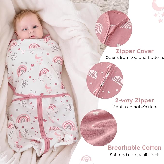 Baby Swaddle Sleep Sack 3-6 Months, Swaddles for Newborns Girl, 3-Way Adjustable Infant Swaddle Wearable Blanket with Zipper & Detachable Wrap, 2 Pack Soft Snug Pink Rainbow