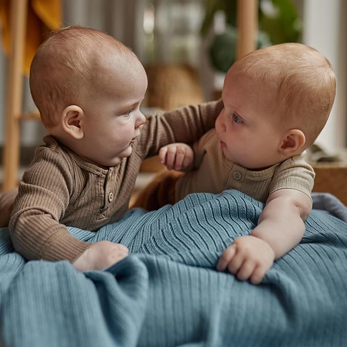 Knitted Organic Cotton Baby Blanket- Swaddle Blanket, 30" x 40" Soft Receiving Blanket for Newborn 2-Pack (Fog and Polar Blue)