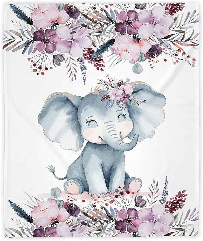 Elephant Baby Blanket, Purple Floral Baby Girl Blankets, Blanket for Girls, New Mom Newborn Gift. Birthday