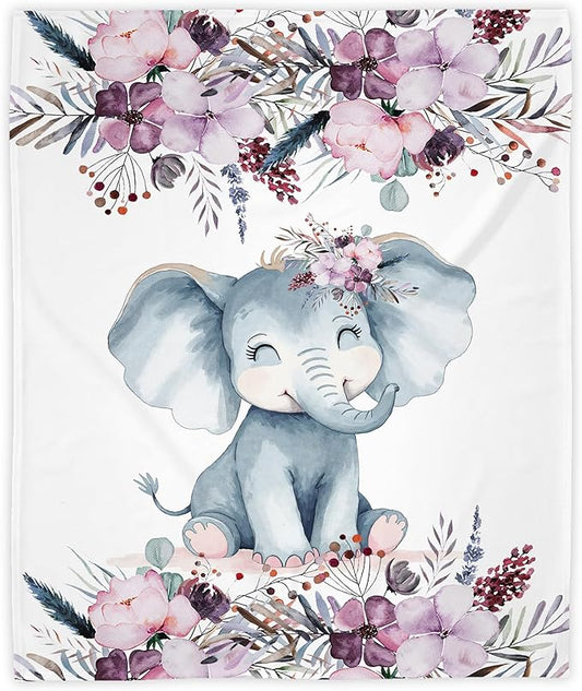 Elephant Baby Blanket, Purple Floral Baby Girl Blankets, Blanket for Girls, New Mom Newborn Gift. Birthday