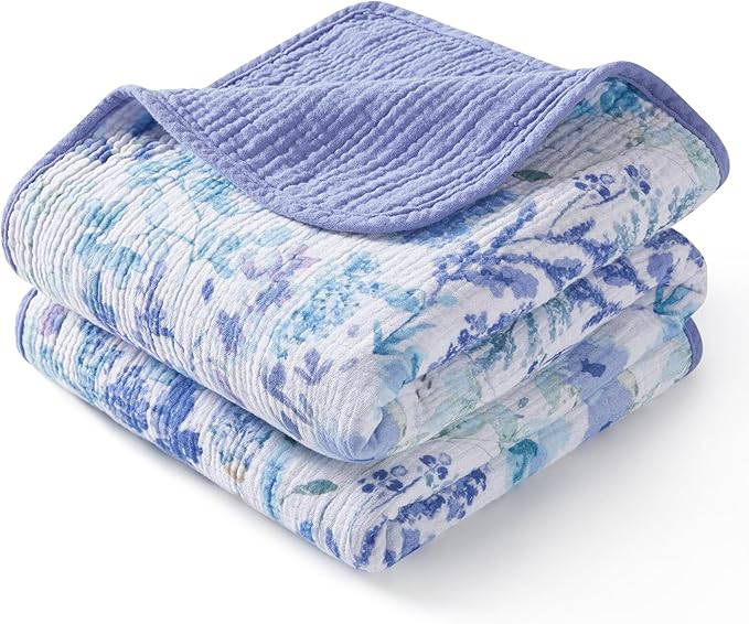 TILLYOU Muslin Baby Blankets for Girls Boys, Cotton Baby Blankets, Soft Breathable and Lightweight 40"X40", Blue Flower