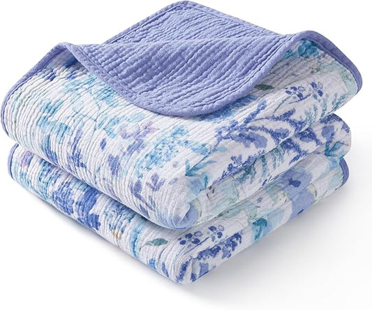 TILLYOU Muslin Baby Blankets for Girls Boys, Cotton Baby Blankets, Soft Breathable and Lightweight 40"X40", Blue Flower