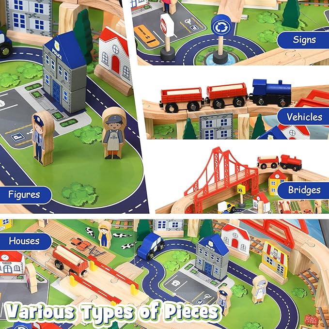 GLACER 100 Pieces Train Table, Wooden Activity Table with Storage Drawer, Tracks, Vehicles, Buildings, Wheels, Multipurpose Painted Train Table Set for Toddlers 3-5+, Gift for Boys Girls