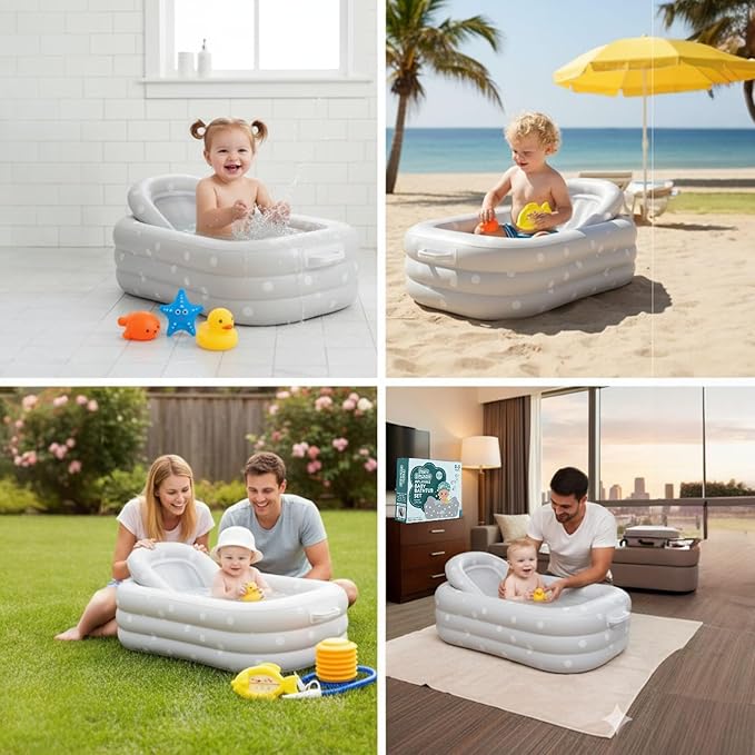 Inflatable Baby Bathtub Complete Set – Portable Non-Slip Baby Bath Tub with Newborn Cushion, Floating Thermometer, 3 Bath Toys & Air Pump, Safe Bath for Boys & Girls Age 0–3 Years