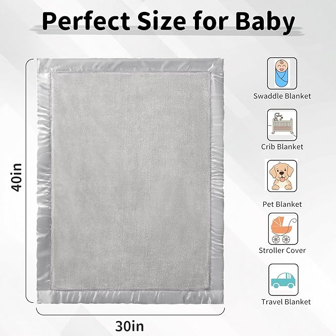 Pro Goleem Fleece Baby Blanket with 2 Inch Satin Trim Soft Plush Blanket for Boys and Girls for Babies Grey，30''x40''