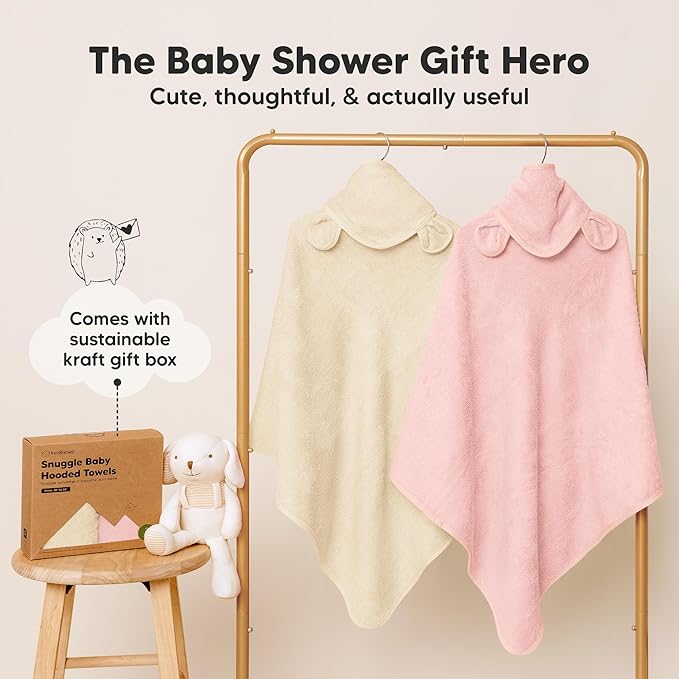KeaBabies 2-Pack Hooded Baby Towels for Newborn - 30x30 Soft & Absorbent Viscose From Bamboo Baby Bath Towels with Hood for Infant, Toddler,Kids,Boys Girls,Newborn Bath Essentials (Rose Ivory, Petite)