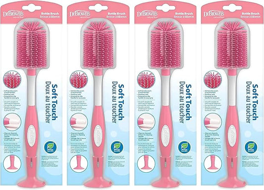 Dr. Brown's Soft Touch No Scratch Baby Bottle Cleaning Brush Nipple Cleaner with Stand and Storage Clip, BPA Free, Pink 4-Pack
