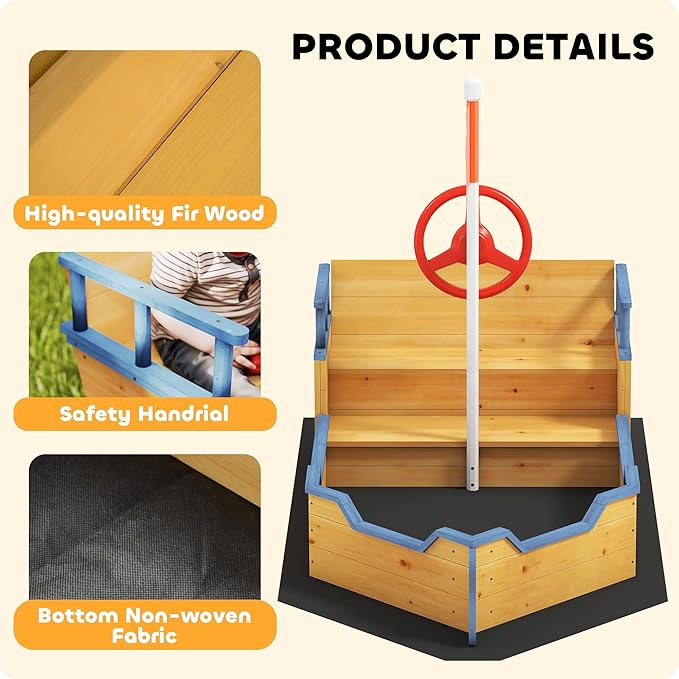 Outsunny Wooden Kids Sandbox, Pirate Ship Outdoor Sandboat with Bench Seats, Storage, Non-Woven Fabric Cloth for Backyard, Lawn, Natural Wood