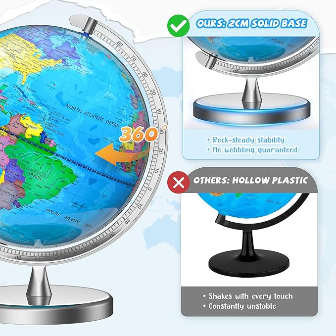 12" Illuminated World Globe for Children & Adults, Globe Lamp with World Map for Kids, Stable Heavy Metal Base, Interactive STEM Learning Gift & Night Light