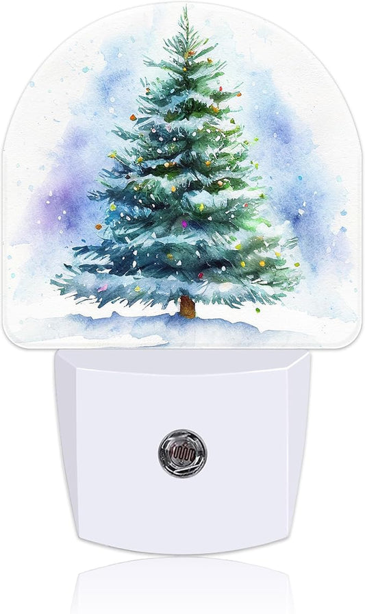 Watercolor Christmas Tree Night Light for Kids, LED Night Light Plug into Wall with Dusk to Dawn Sensor for Girls Boys Women Men Room Decor, Hallway, Kitchen, Bathroom, Nursery, Stairs