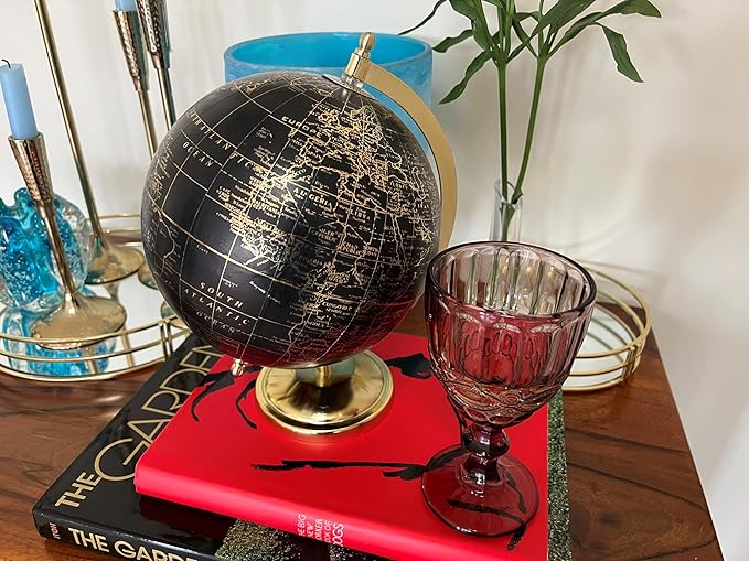 Explorers Globe, Incised Details, Black With Gold Accents, Mapped with Locations, Longitude and Latitude, Resin, Crescent Stand Mounted, Circular Gallery Base, 12.25 Inches Tall