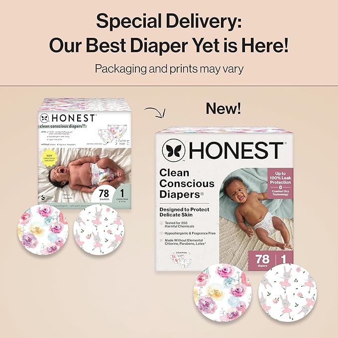The Honest Company Clean Conscious Diapers for Delicate Skin, Up to 100% Leakproof Hypoallergenic Fragrance-Free Baby Diapers, Girl Prints, Club Box, Size 1 (8–14 lbs), 78 Count (Prints May Vary)