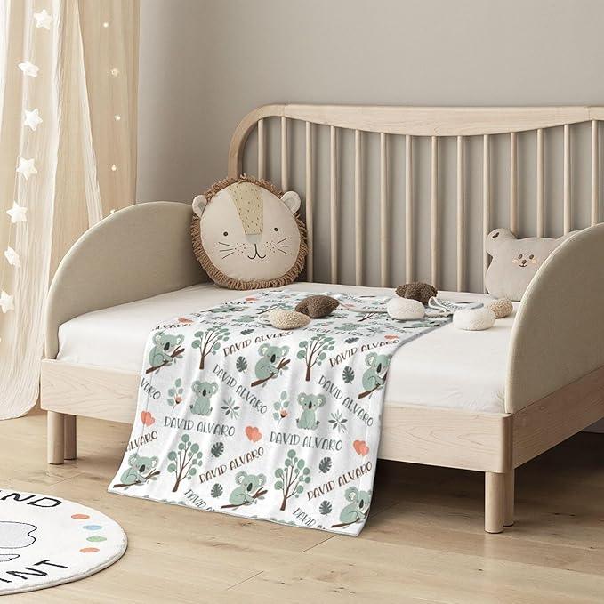 Ship Next Day Personalized Baby Blanket, Printed in USA - Custom Name Toddler Blanket with Koala Pattern, Personalized