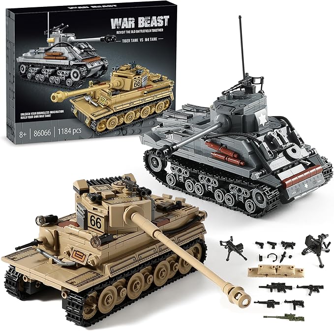 WW2 Army Tank Toys Building Kit Compatible with Lego, Create a German Tiger & an American M4 Sherman Models with 1184 Blocks, Great Military Toy Gifts for Boys, Kids Age 8-14