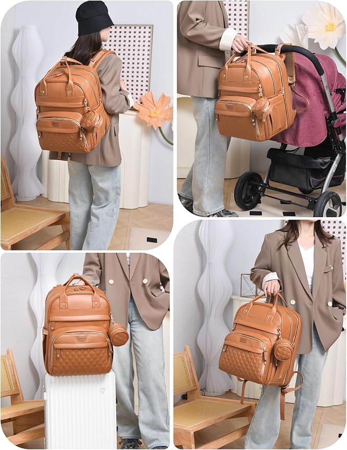 Diaper Bag Backpack, Multifunction Waterproof Diaper Bag for Baby, with Diaper Changing Station, Newborn Essentials Must Haves, Baby Portable Bag, Unisex, Brown Vegan Leather