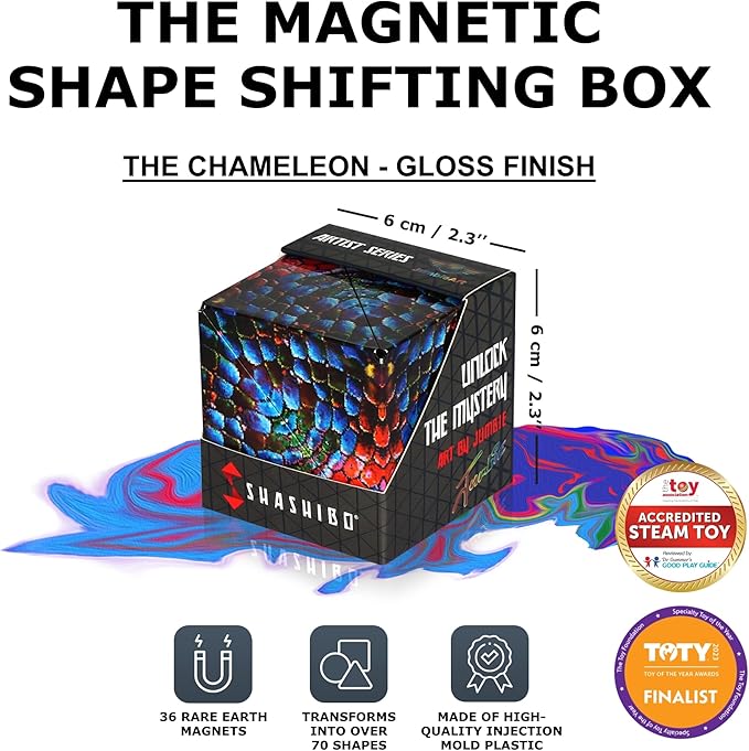 SHASHIBO Shape Shifting Box - Award-Winning Fidget Toy w/ 36 Rare Earth Magnets - Fidget Cube Transforms Into Over 70 Shapes, Sensory Toy Gift for Kids, Teens, and Adults (The Chameleon)