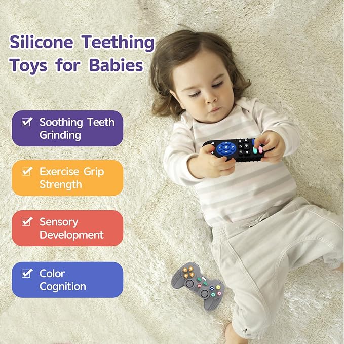 2 Pack Silicone Teethers for Babies 6-12 Months, Teething Toys for Babies 0-6 Months, Remote Teether for Baby, Sensory Toys for Babies,Toddler Infant Girl Boy Gifts