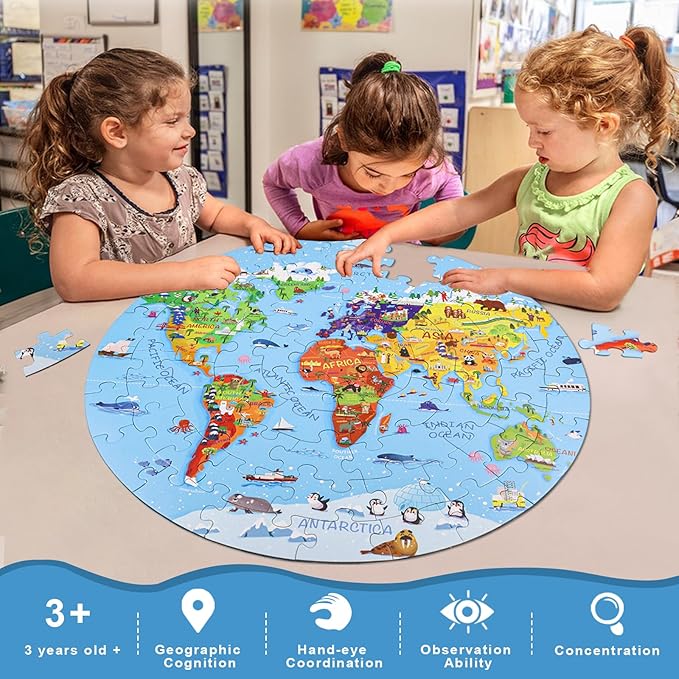 World Map Jigsaw Puzzle for Kids 4-8, 70 Piece Large Round Floor Puzzles for Kids Ages Toddler Puzzle Globe Geography Games Educational Toys Birthday for Children