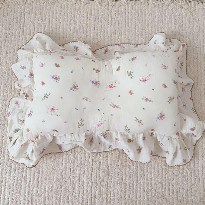 BuLuTu 2 Layers Muslin Cotton Toddler Pillowcase, 1 pc, 14"x20", Cute Pink Flower with Sheep Pattern Small Pillow Cases for Toddler Girls Boys Soft Breathable Pillow Covers, Envelope Closure