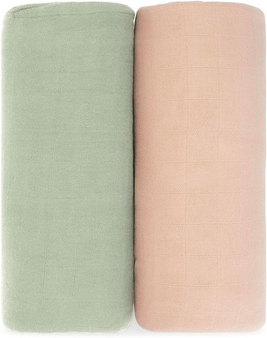 Comfy Cubs Muslin Swaddle Blankets Pack of 2 - 47 x 47 Inch Soft Cotton Baby Blanket Set, Large Multipurpose Wraps for Newborns - Self-Soothing Swaddles for Newborns - Sage & Blush