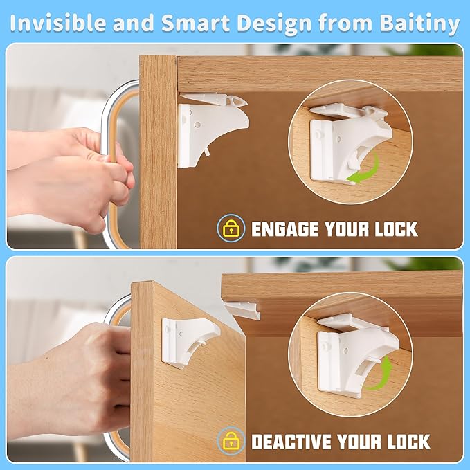 20 Pack Magnetic Cabinet Locks Baby Proofing - Baitiny Child Proof Cupboard Drawers Latches - Adhesive Easy Installation