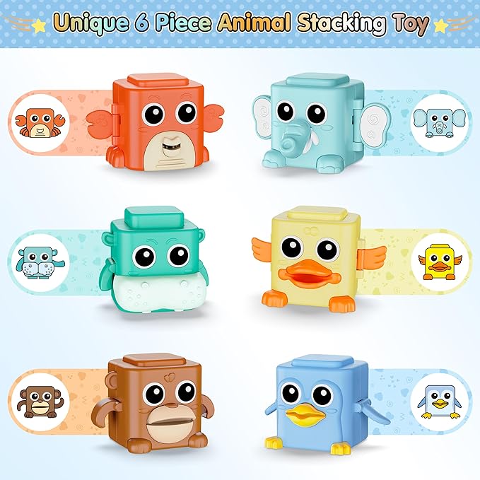 Stacking Toys Set for Toddlers 18+ Months, 6 in 1 Infant Sensory Toys with Changing Expressions, Pressable Animal Stacking Blocks, Christmas Birthday Gifts for 1 2 3 4 Years Old Baby Boys Girls