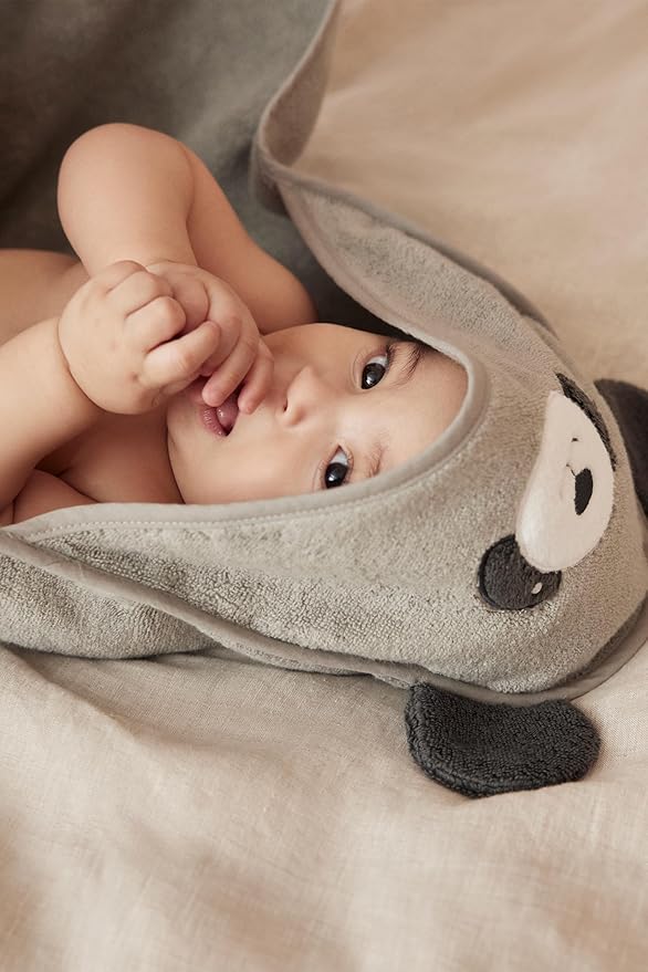 MORI Baby Hooded Bath Towel with Panda Design in Grey - Unisex Soft Wrap Cloth for Infants and Newborns - 30 x 30”