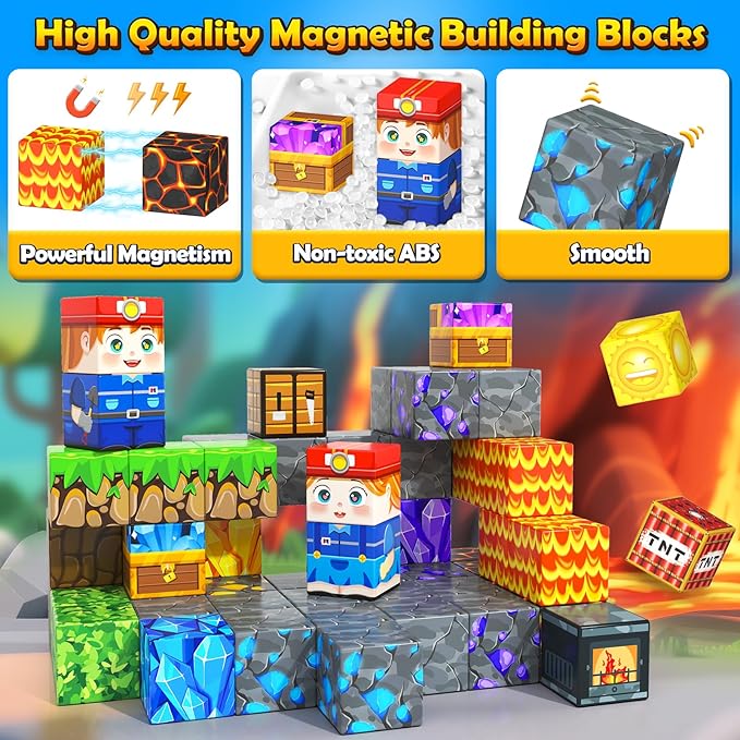 Magnetic Blocks Travel Toys with Metal Tin Travel Essentials STEM Learning Outdoor Building Kids Toddler Toys & Birthday Gifts for Boys Girls Ages 3+