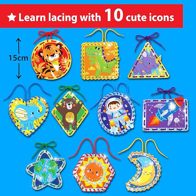 EZCRA Premium Foil Edge Lacing Cards for Kids Ages 3-6 | 10 Double-Sided Animal and Space Sewing Cards with Multilingual Learning | Durable Cardboard Fine Motor Skills Activity Kit