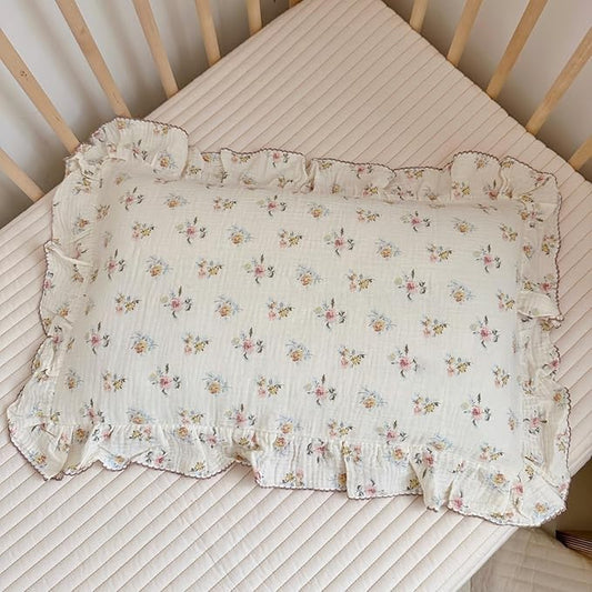 BuLuTu Cotton Muslin Kids Toddler Pillowcase with Cute Azalea Flowers Pattern Super Soft Crib Nursery Pillowcase for Boys,Girls,Bedding Decor Machine Washable, Durable Pillowcase,1 Piece,14"x20"