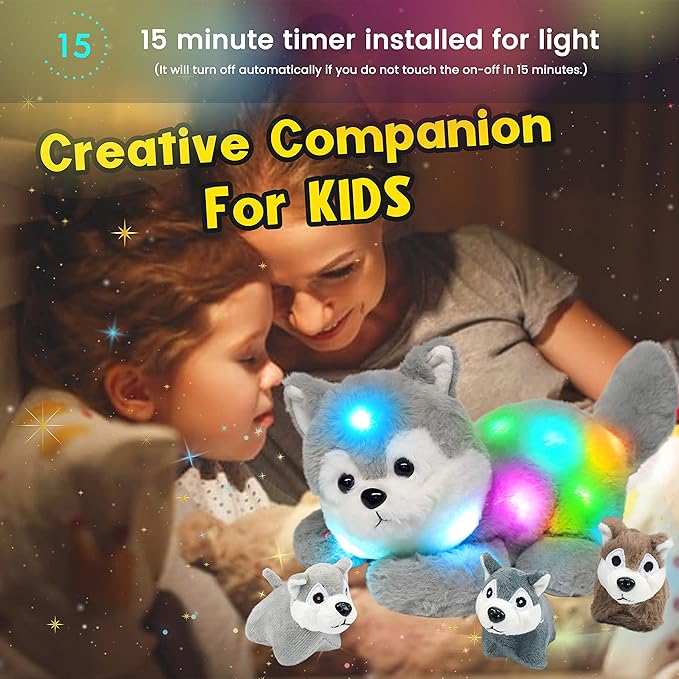 Hopearl LED Plush Husky Lighting Up Stuffed Mommy Dog with 3 Baby Puppies in her Tummy Stuffed Animal Playset Night Lights Glow in The Dark Gifts for Mom Toddler Boys Girls, Gray, 17''