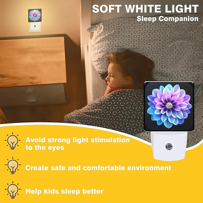 Night Light Purple and Blue Dahlia Flower Night Lights Plug into Wall Smart Dusk to Dawn Sensor 0.5W Energy Efficient Led Lamp for Men Women Bedroom Bathroom Hallway Stairway Decor