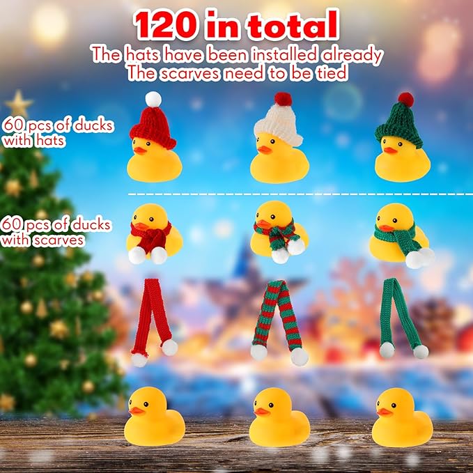 Jerify 120 Pieces Christmas Rubber Ducks with Classic Knitting Hats and Stripe Scarves Mini Cute Yellow Duck for Xmas Swimming Pool Birthday Party Bath Baby Shower