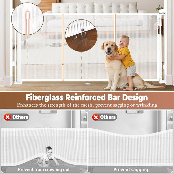 55" Retractable Baby Gate Extra Wide, 41" Tall Retractable Dog Gate for Stairs, Doorways, Decks, Mesh Gate Long Child Gate Pet Gate for Indoor, Outdoor, with Reinforced Mesh Rods, Dual Locks