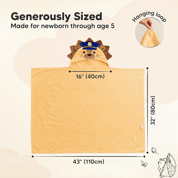 KeaBabies Organic Baby Towel with Hood for Girls, Boys - Soft, Absorbent, 100% Cotton Hooded Baby Towels for Newborns, Infants, Large Hooded Bath Towels for Babies, Kids, Toddler 1-3 (Leo)